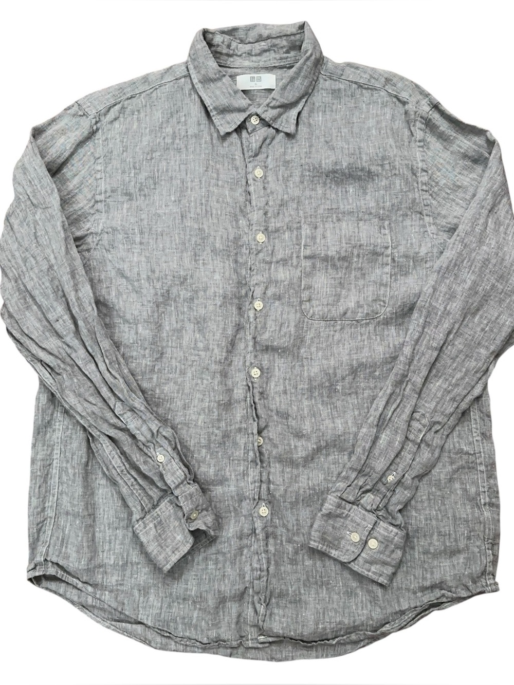 Uniqlo Shirt Mens Size XL Long Sleeve Button Premium 100% Linen Pocket Gray